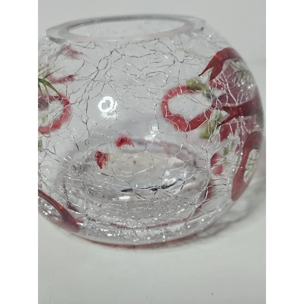 Crystal Clear Christmas Poinsettia Hand Painted Crackle Glass Votive Holder Vtg